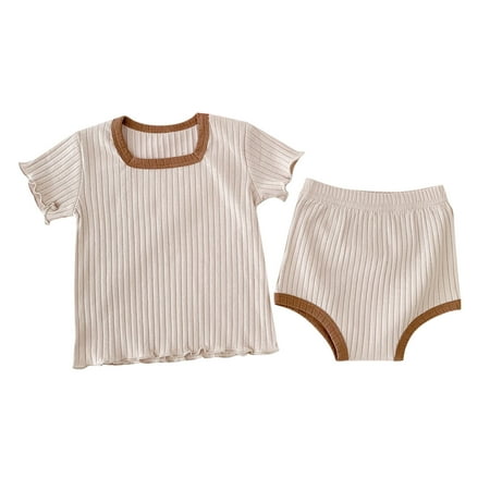 

WUXIAN Toddler Baby Boys Girls Ribbed Patchwork Short Ruffled Sleeve T-Shirts Blouse Tops Cotton Shorts Sleepwear Pajamas Outfit Set 2PCS Sleepwear Children Versatile Nightwear