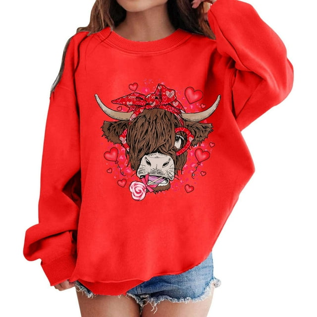 PMVFHDE Chandail Personnalisé Filles Mode Décontractée Col Rond Sans Capuche Manches Longues Imprimé Saint-Valentin Rouge, 3-4 Ans