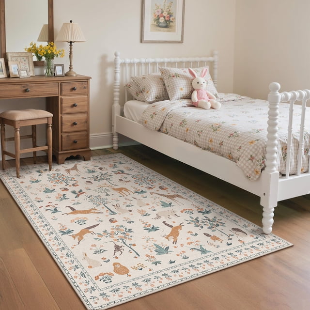 Alfombra BESBLEE 91x152 cm Beige con Diseño Animal y Floral Lavable