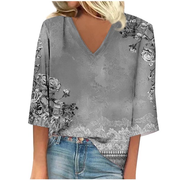 Blusa de Manga Corta Mujeres Cuello en V de Verano Impreso, Top Regular Casual Sexy para el Hogar Y el Uso Diario