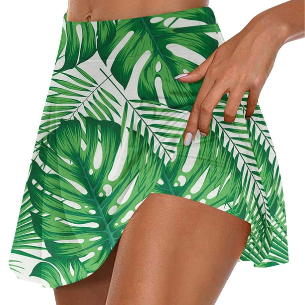 Faldas de Verano para las Mujeres Impresión Hoja Plisado Tenis Atlético Elástico Pantalones Cortos, Falso Dos Piezas Pantalones Falda para Diario
