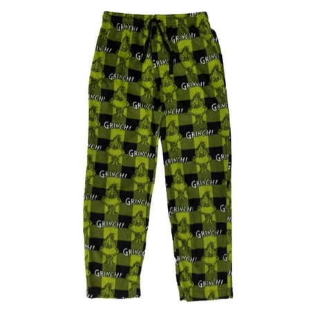 Grinch Green - Dr. Seuss The Grinch Mens Green Plaid Microfleece Sleep Pants Pajama Bottoms