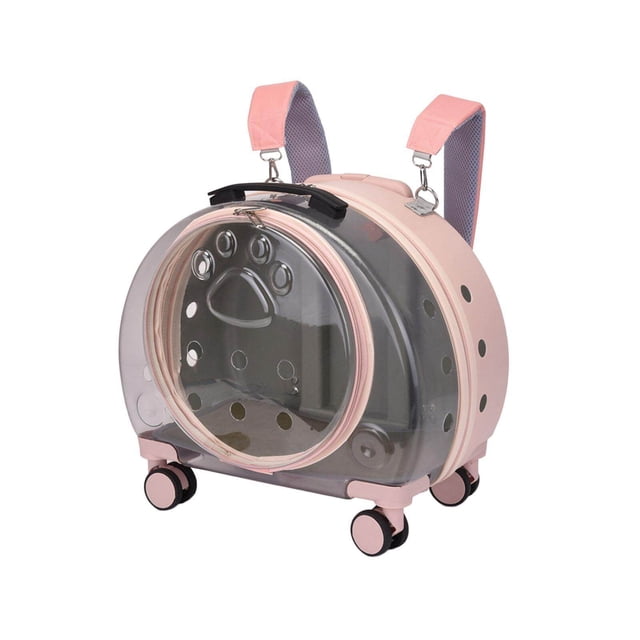 facefd Kitten Bag Backpack Handbag with Wheels Durable Dog Trolley Case for Puppy Translucent Pink