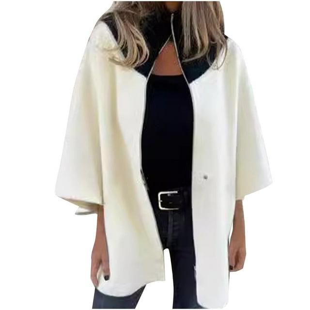 WRKEKC Women's Color Block Wool Blend Jacket Stand Collar Zip Front Relaxed Fit Fall Winter Casual Plus Sizes White XL