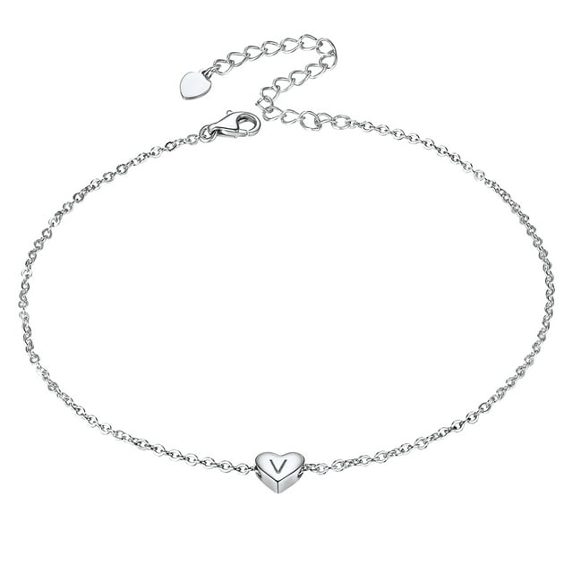 Tobillera de plata esterlina Silvora Iniciales de niña en forma de corazón letra V Ajustable