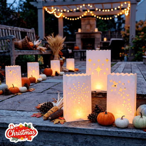 10Pcs Luminaries Bags with Flameless Candles, Star Cutouts Paper Candle Bags, Christmas Figurines Decoration, Xmas Indoor Outdoor Decor for Porch Mantel Yard Floor