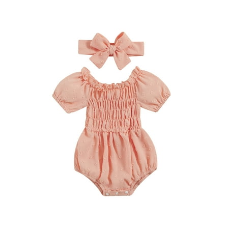 

Baby Girls Romper Set Short Sleeve Off-shoulder Pleated Romper with Headband Summer Outfit（0-24Months）