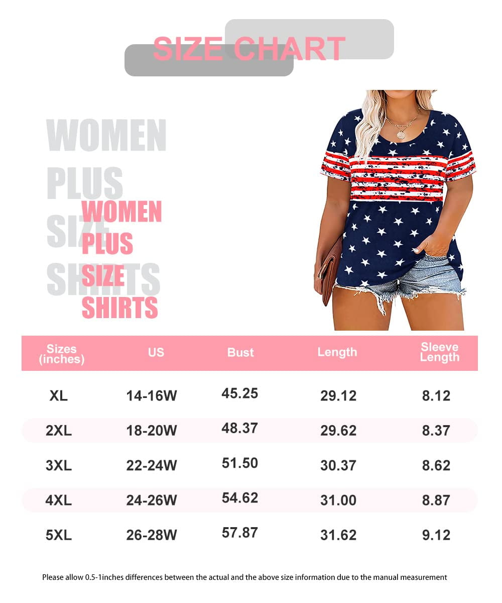 TIYOMI Plus Size Tops For Women 4th of July Summer Star Round Neck American Flag Short Sleeve Tee Loose Fit Casual T-Shirts XL 14W 16W