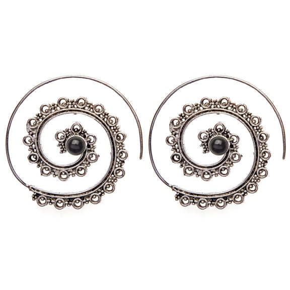 Silver Brass Black Onyx Mandala Dot Work Spiral Threader Earrings