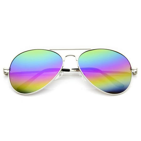 AVIATOR SUNGLASSES - SILVER FRAME WITH RAINBOW GRADIENT LENSES - POLARIZED VINTAGE FASHION STYLE MIRRORED SHADES FOR WOMEN AND MEN