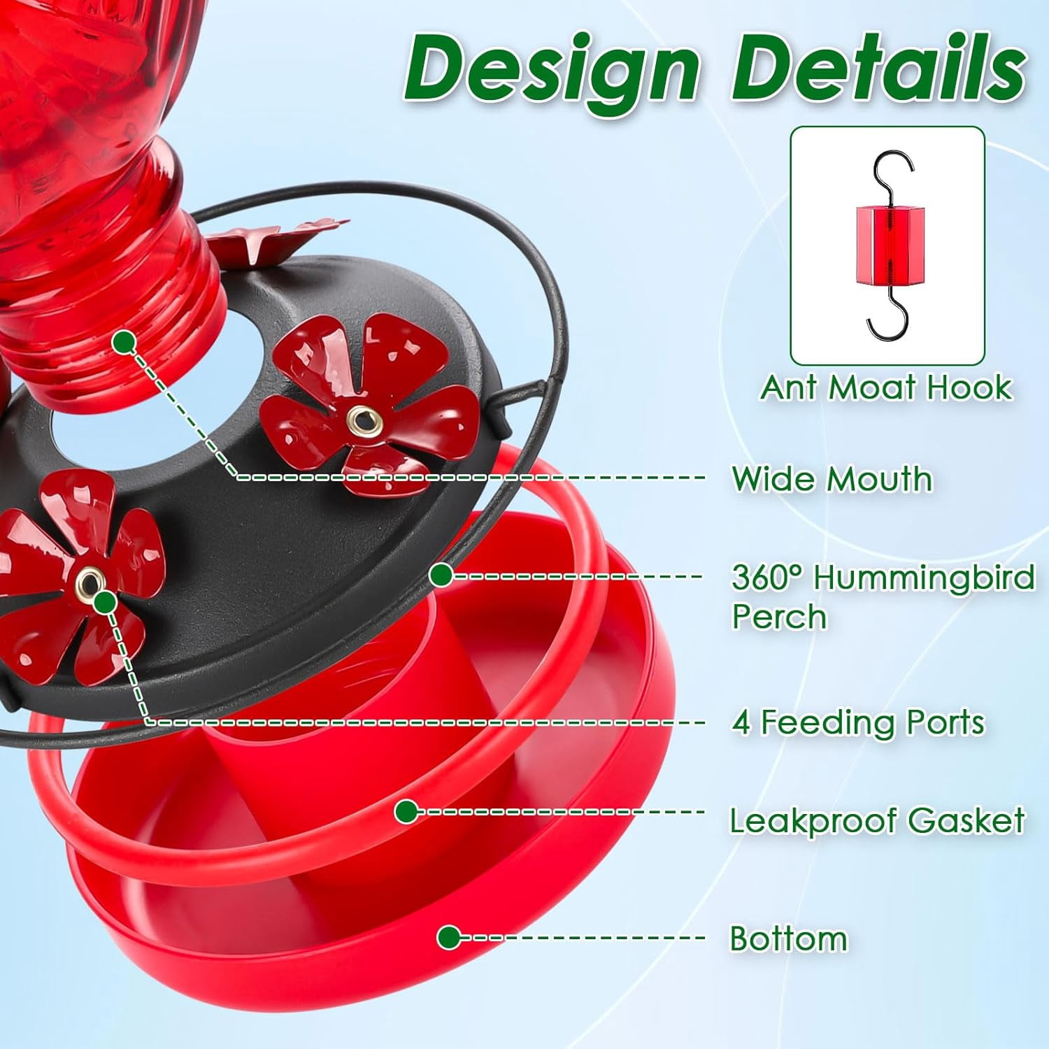 Glass Hummingbird Feeder for Outdoors Hanging, 20oz Bird Nectar Feeder with 4 Bee Guard Flower-Shaped Feeding Ports & Built-in Ant Moat, Easy to Clean, for Bird Lover,2 Pack,Red