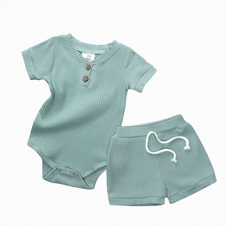 Xudanell Infant Girl Outfits Cotton Solid Ribbed Short Sleeve Romper Elastic Waist Shorts Set Summer Baby Girls Casual Clothes