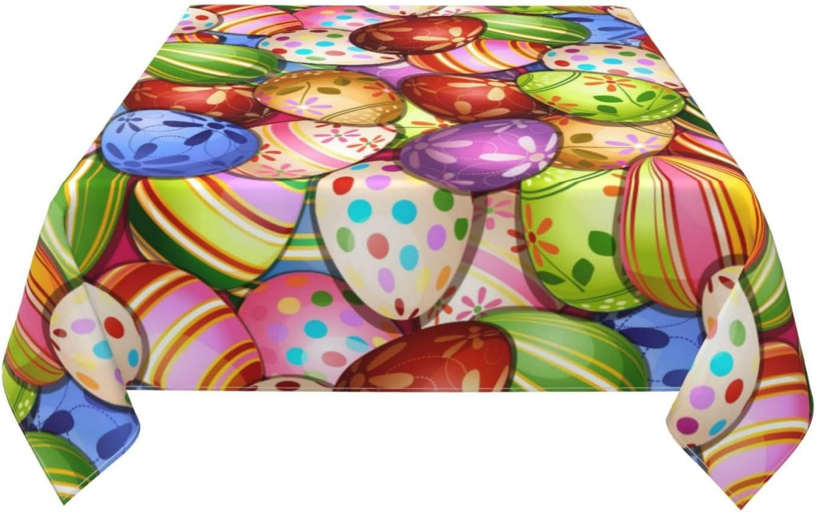 Happy Easter Tablecloth - Washable Cotton Linen Blend Square Table Cover With Eggs & Bunnies (60x60 Inch)