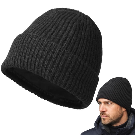 Wool Knit Beanie with Fleece Lining, Winter Warm Hat for Men Women, Soft Skin-Friendly Foldable Ribbed Cuff Hat for Cold Weather, Skiing, Hiking, Commuting, Outdoor Headwear