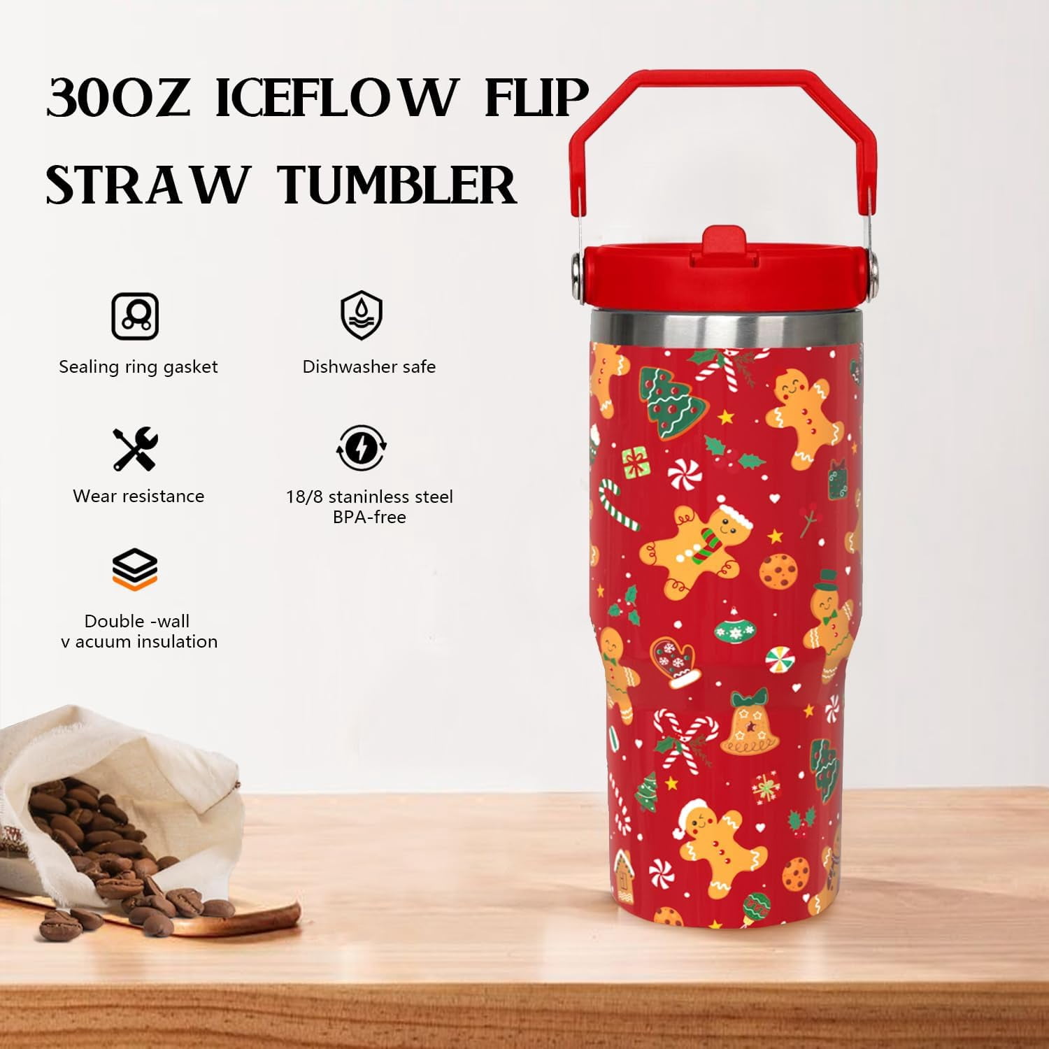 30 oz Christmas Gingerbread Iceflow Flip Tumbler with lid and Straw,Christmas CoffeeTravel Mug Cup Water Botter,Christmas Gifts for Women,Christmas Stuff Decor Accessories