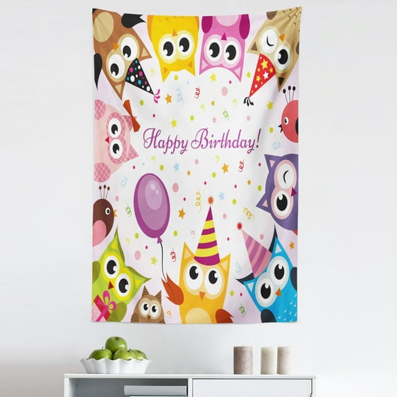 Birthday Party Tapestry, Celebration Themed Owl Family Colorful Cone Hats on Backdrop Art, Fabric Wall Hanging Decor for Bedroom Living Room Dorm, 5 Sizes, Multicolor, by Ambesonne