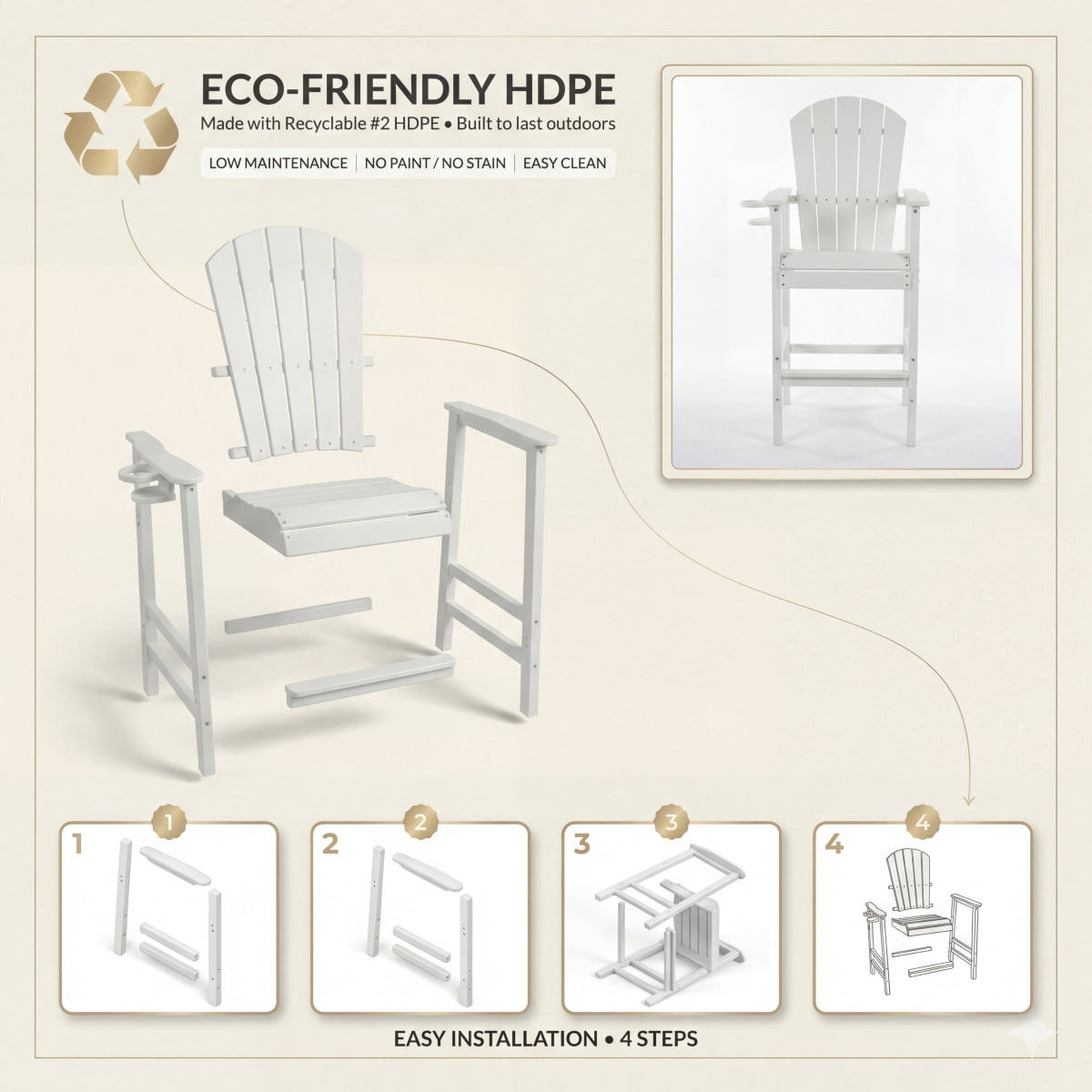 HDPE Bar Height Adirondack Chair All-Weather Outdoor Patio Chair with Cup Holder (White)