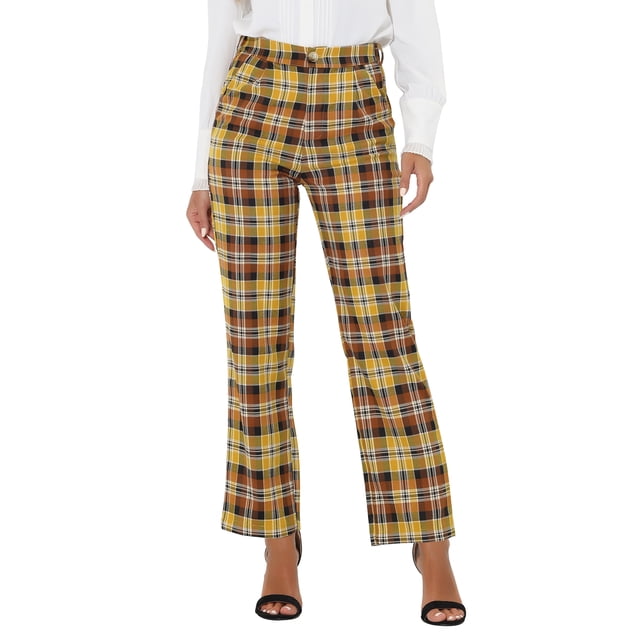Pantalones largos rectos de cintura elástica con botones y cremallera de cuadros para mujer INSPIRE CHIC, color amarillo