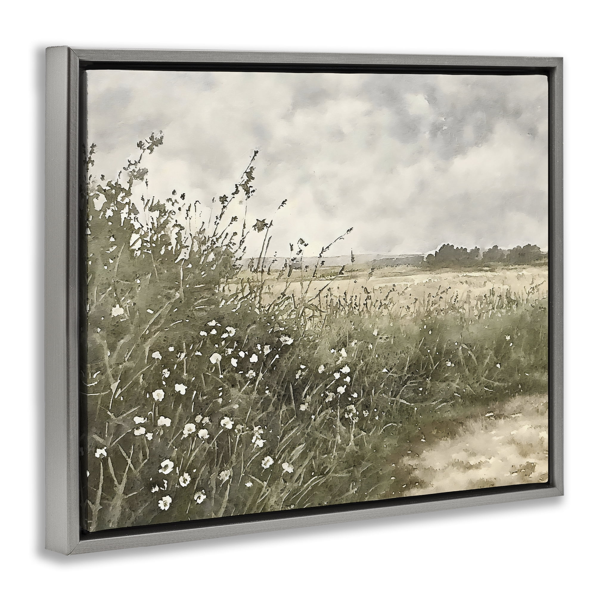 Stupell Industries Soft Meadow Landscape at Dusk Gray Framed Floater Canvas Wall Art, design by Riley B