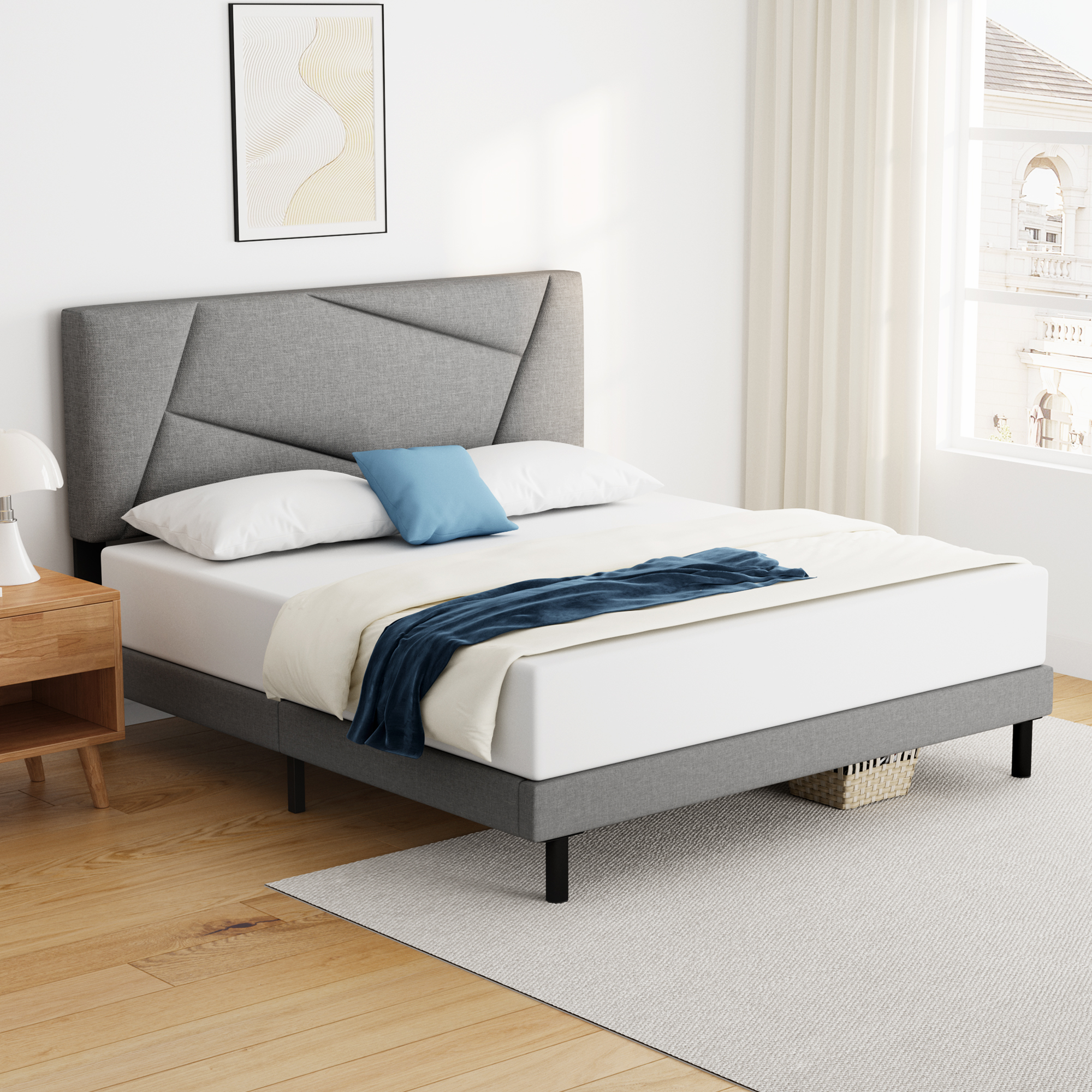 Full Bed Frame, HAIIDE Full Size Platform Bed Frame with Fabric Upholstered Headboard, Light Grey - image 2 of 7