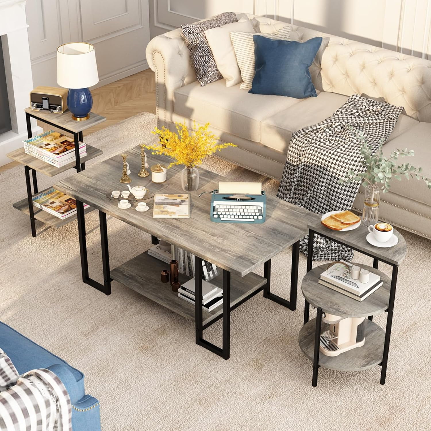 Cvortll Coffee Table Set of 3, Rectangle Faux Marble Tabletop & 2 Tiered Side Tables, Multi-Level Storage for Living Room（Gray & Black）