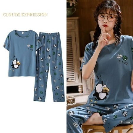 

QWZNDZGR Spring Summer Knitted Cotton Cartoon Women s Pajama Sets Short Sleeved Long Pants Plaid Sleepwear Kwaii Nighty 4XL Home Fashion
