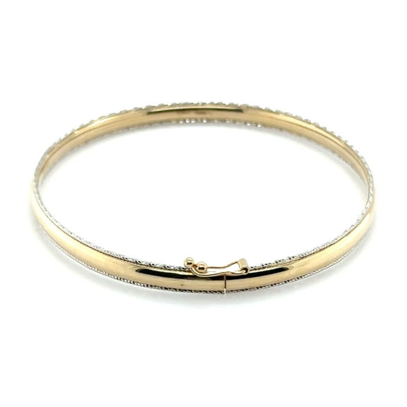 14K Real Two-Tone Gold Thin Bangle Bracelet, 7.25" Inch, 4mm Wide, Glitter Edge Finish, Box Clasp, Real Gold Jewelry