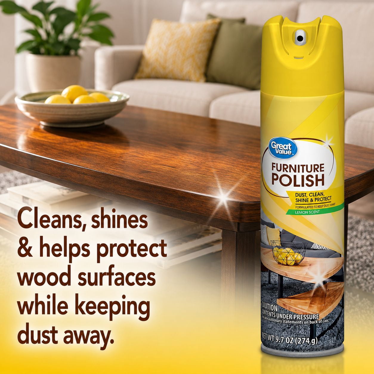 (6 pack) Great Value Furniture Polish, Lemon Scent, 9.7 oz