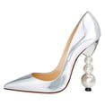 thumbnail image 2 of FSJ Women Classic Pearls Block High Heels Pumps Pointed Closed Toe Slip On Ladies Office Party Sexy Dressy Slide Shoes Size 12 Silver, 2 of 4