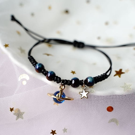 Couple Bracelet Set with Ceramic Beads Universe Planet Stars Moon Design and Adjustable Alloy Accessories Matching