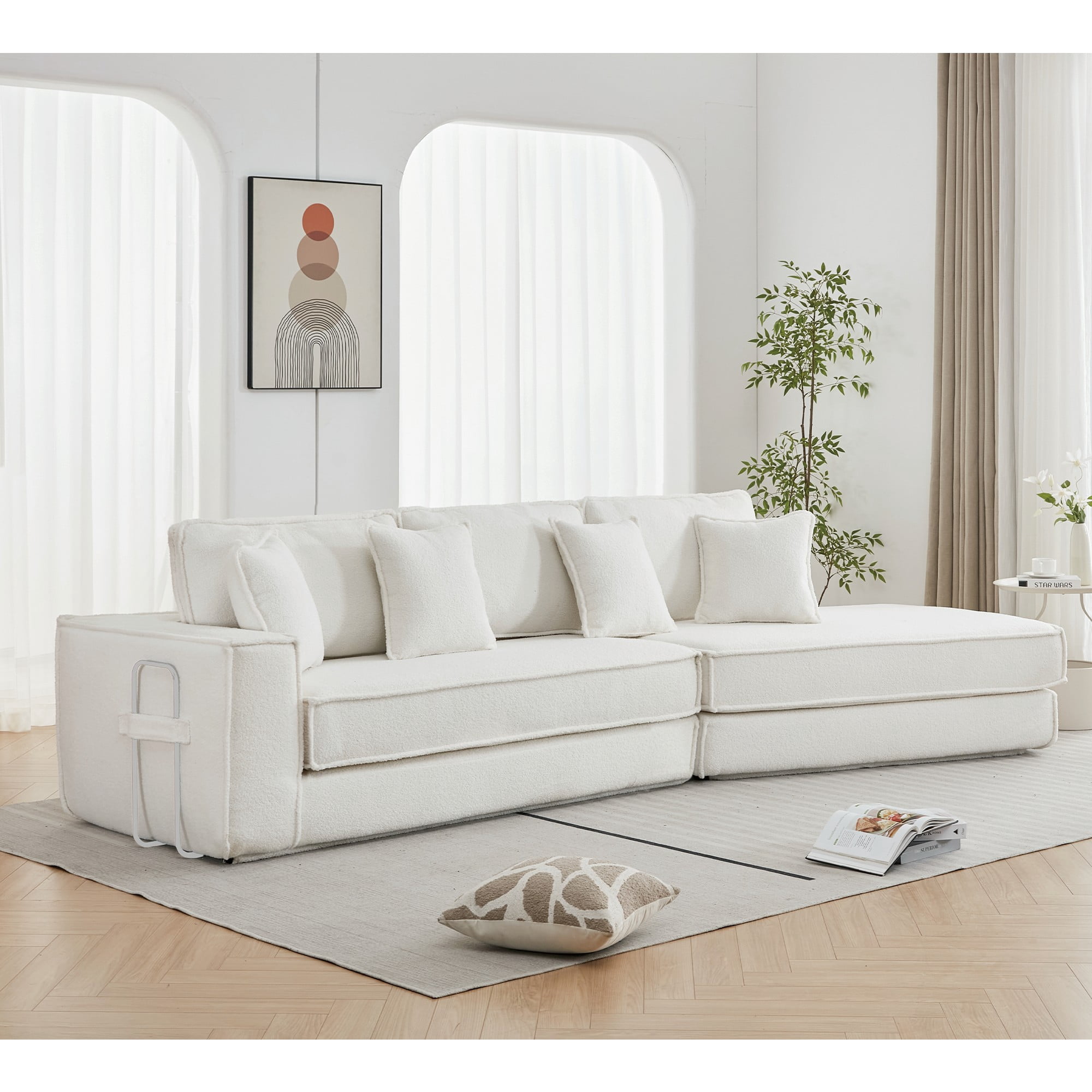 Avobird 133" 2 in 1 Convertible Sofa bed, Loveseat Sleeper Sofa for Living Room Apartment, Lamb Velvet Fabric/Upholstered, Beige