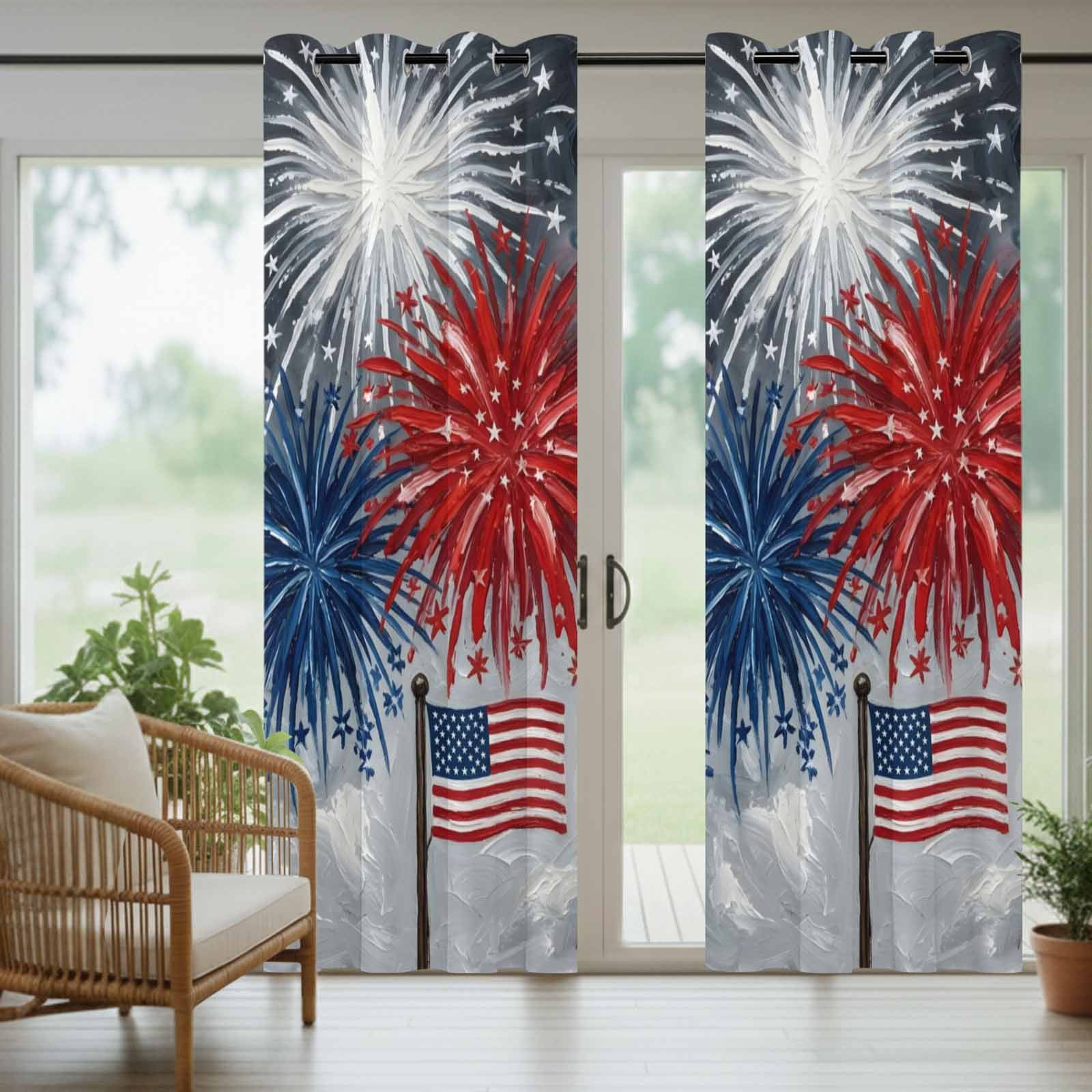 Independence Day Outdoor Curtains for Patio, Oil Painting Blue White Red Firework Flag Sunshade Privacy Drapes Grommet Waterproof Outside Curtains for Porch/Cabana/Balcony 54"x 108", 1 Panel