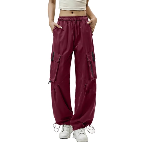 Lenpel Hiking Pants for Women Elastic High Waisted Drawstring Pleated Wide Leg Cargo Pants Baggy Athletic Casual Trousers with Pockets