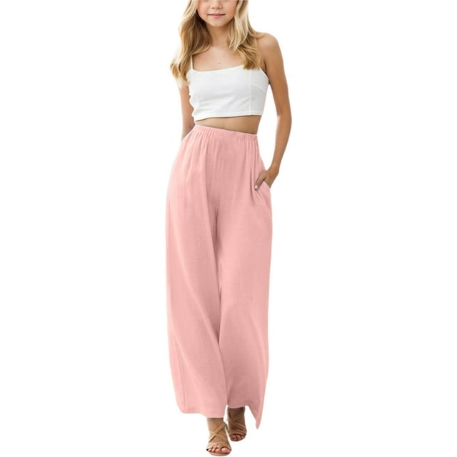 Boys Sweatpants Summer Loose Wide Leg Solid Color Flower Beach Pant With Pocket Pink Spring Trendy Trousers 6-7T