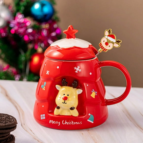 ZENGHUIJ Christmas Ceramic Mug Cute With Spoon Lid Large Capacity Household Ceramic Water Cup