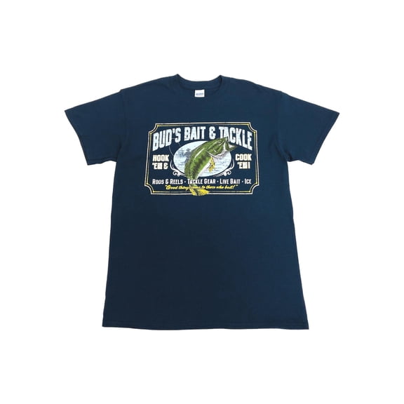Mens Blue Bud's Bait & Tackle Hook Cook Bass Fish T-Shirt Graphic Tee Medium