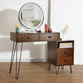 thumbnail image 3 of Brown Vanity Table for Teen Girls, 31.5'' x 15.75'' x 51.18'' Makeup Vanity Set with PU Cushioned Stool, 4-Drawer, Rotation Removable Top with Large Led Round Mirror for Teen Girls Bedroom, SS414, 3 of 8