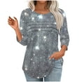 thumbnail image 3 of JTZGDY Women's 3/4 Length Sleeve Tops Dressy Casual Ruched Pleated Blouses Cute Floral Printed Crewneck Graphic T-Shirts Loose Curved Hem Tunic Fall Outfit Tshirts Clothes Dark Gray L, 3 of 7