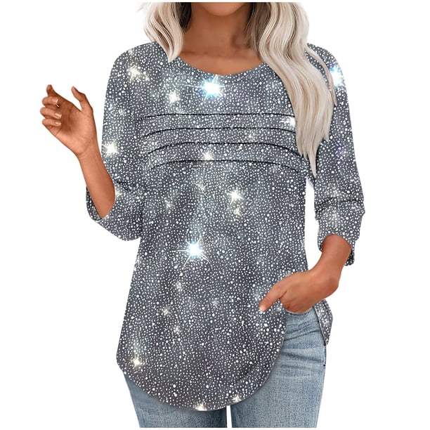 Heisall Womens Tops 3/4 Sleeve Round Neck Loose Casual Tshirts Striped Print Pullover