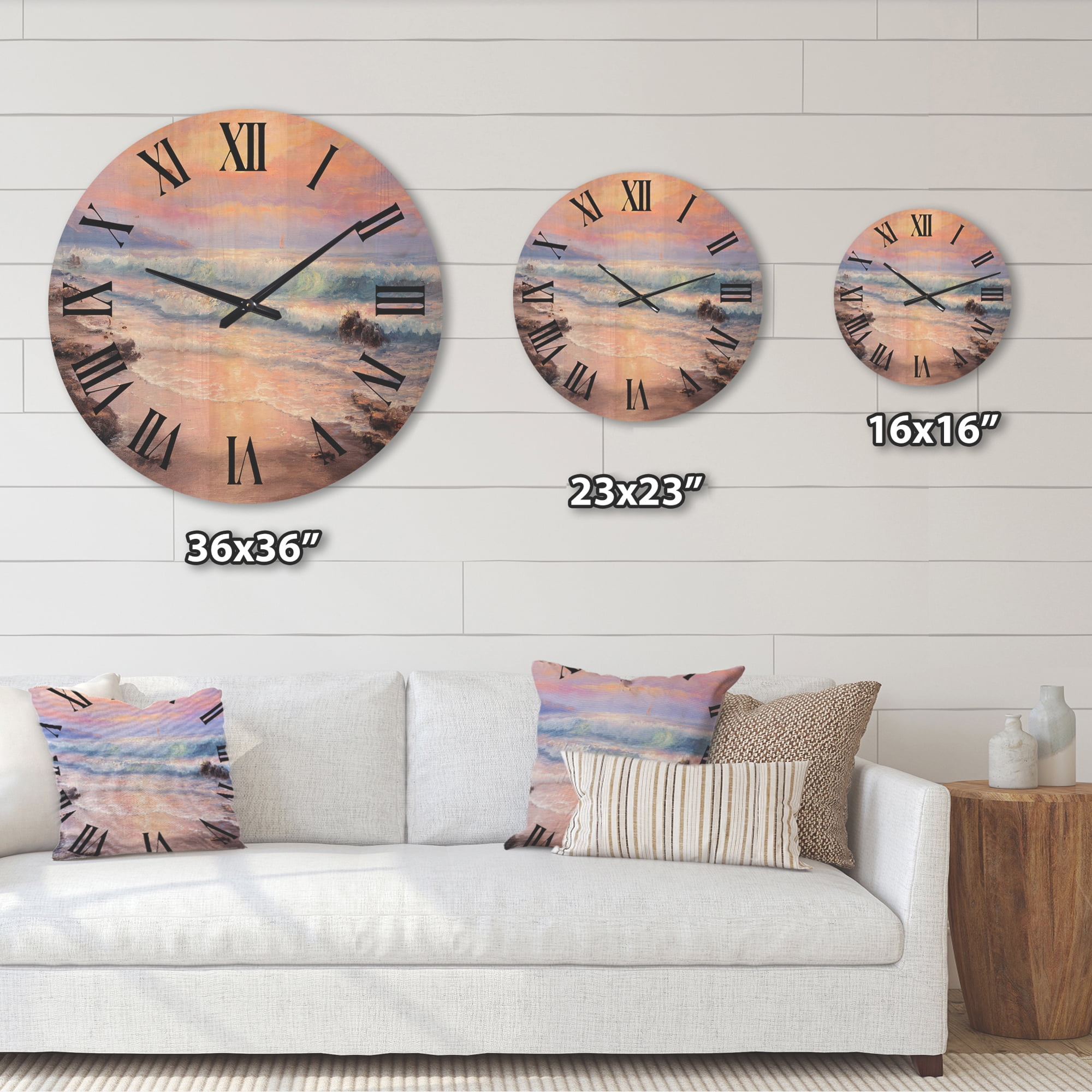 Designart 'Pastel Purple Sunset Glow Over Incoming Ocean I' Nautical & Coastal Wood Wall Clock
