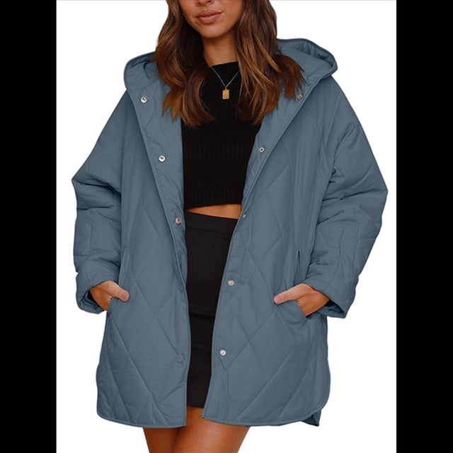Chaqueta Larga con Capucha y Acolchado de Rombos para Mujer, Abrigo de Invierno de Moda, Holgado y de Gran Tamaño, Chaquetas Cálidas de Larga. Azul M