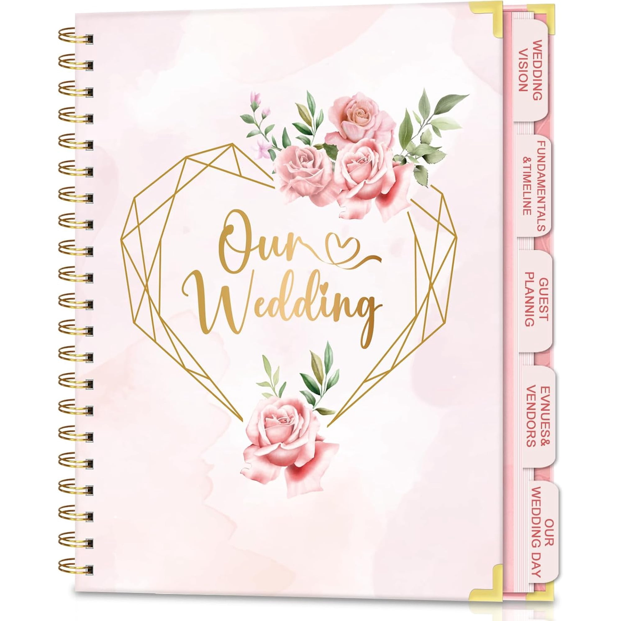 Wedding Planner For Bride-Bridal Wedding Planning binder With 5 Tabbed Sections+Wedding Countdown Calendar,Unique Engagement Gifts For Couples,Pink Love
