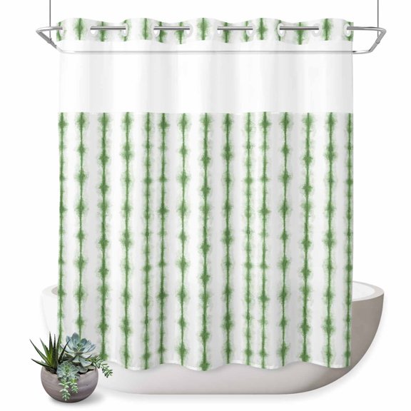 No Hook Shower Curtain, Green Stripes Shower Curtains for Bathroom with See Through Top Window, Farmhouse Modern Abstract Art Waterproof & Washable Bath Curtain Standard 72"x72"