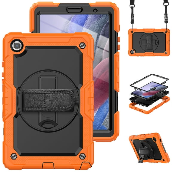 Allytech Rugged Case for Samsung Galaxy Tab A7 Lite 8.7" 2021 Model SM-T220 T225, Build In Screen Protector Hybrid PC 360 Rotating Stand Shockproof Shoulder Strap Lanyard Bumper Case Kids Friendly