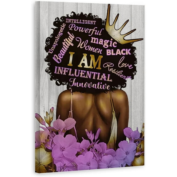 Black Queen Wall Art African American Canvas Wall Art Black Women Purple Flowers Inspirational Quotes Poster Abstract Contemporary Canvas Prints Painting for Living Room Bathroom Bedroom Decor