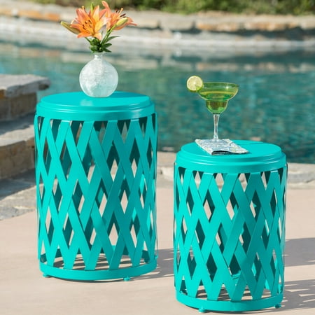 Nested End Tables Christopher Knight Home Selen Outdoor 12-inch and 14-inch Lattice Nested Side Table Set by Teal ()