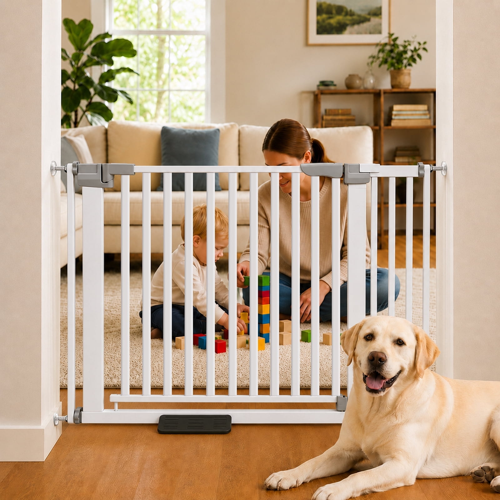 Aphyxen 29-38.2" Thickened Baby Gate with Door for Dogs, Auto Close Safety Baby Gate for Stairs, Easy Install Pressure Mounted Pet Gate for Dogs for Doorways, No Drilling Installation, White