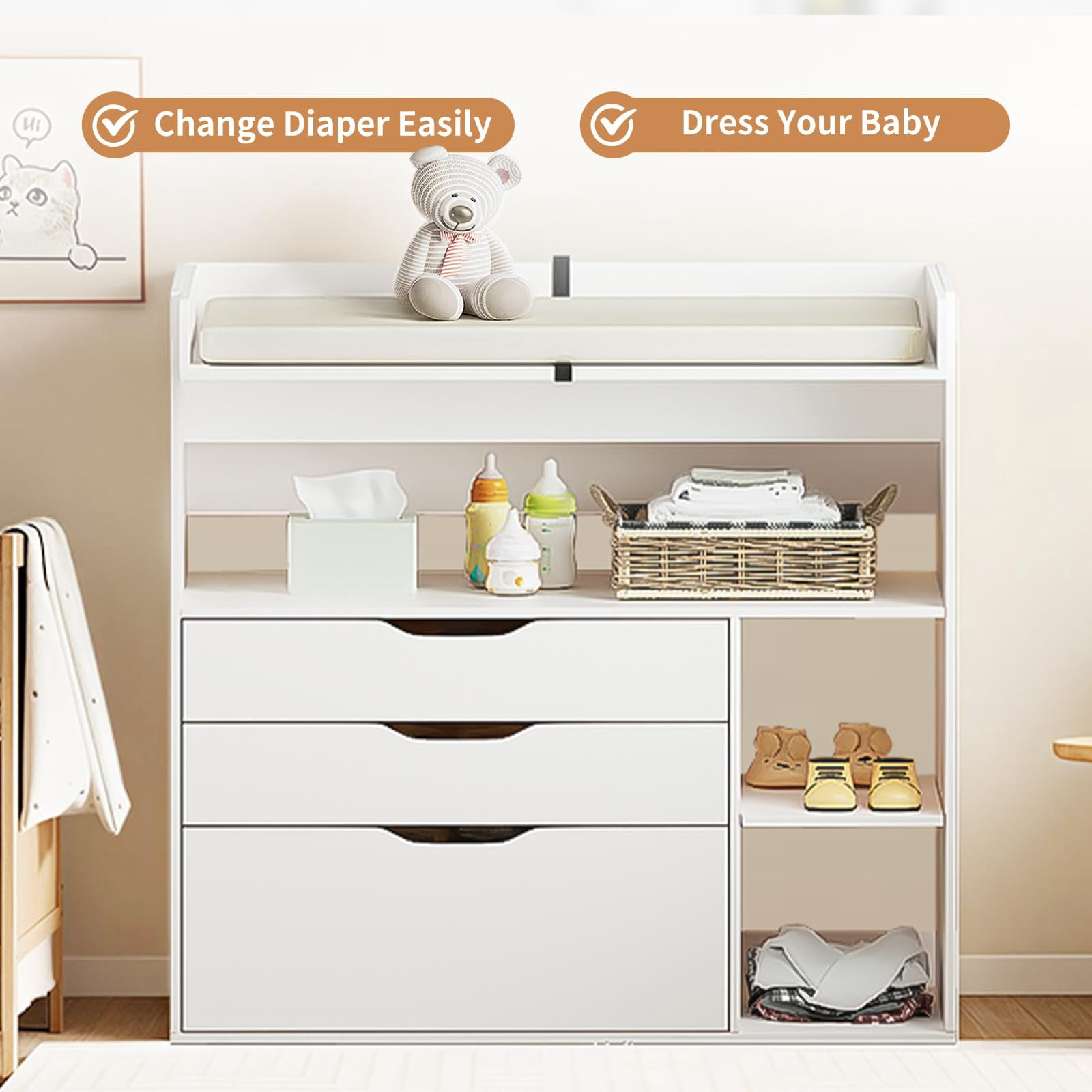 Cuoote 3 Drawer Diaper Changing Table Dresser, White
