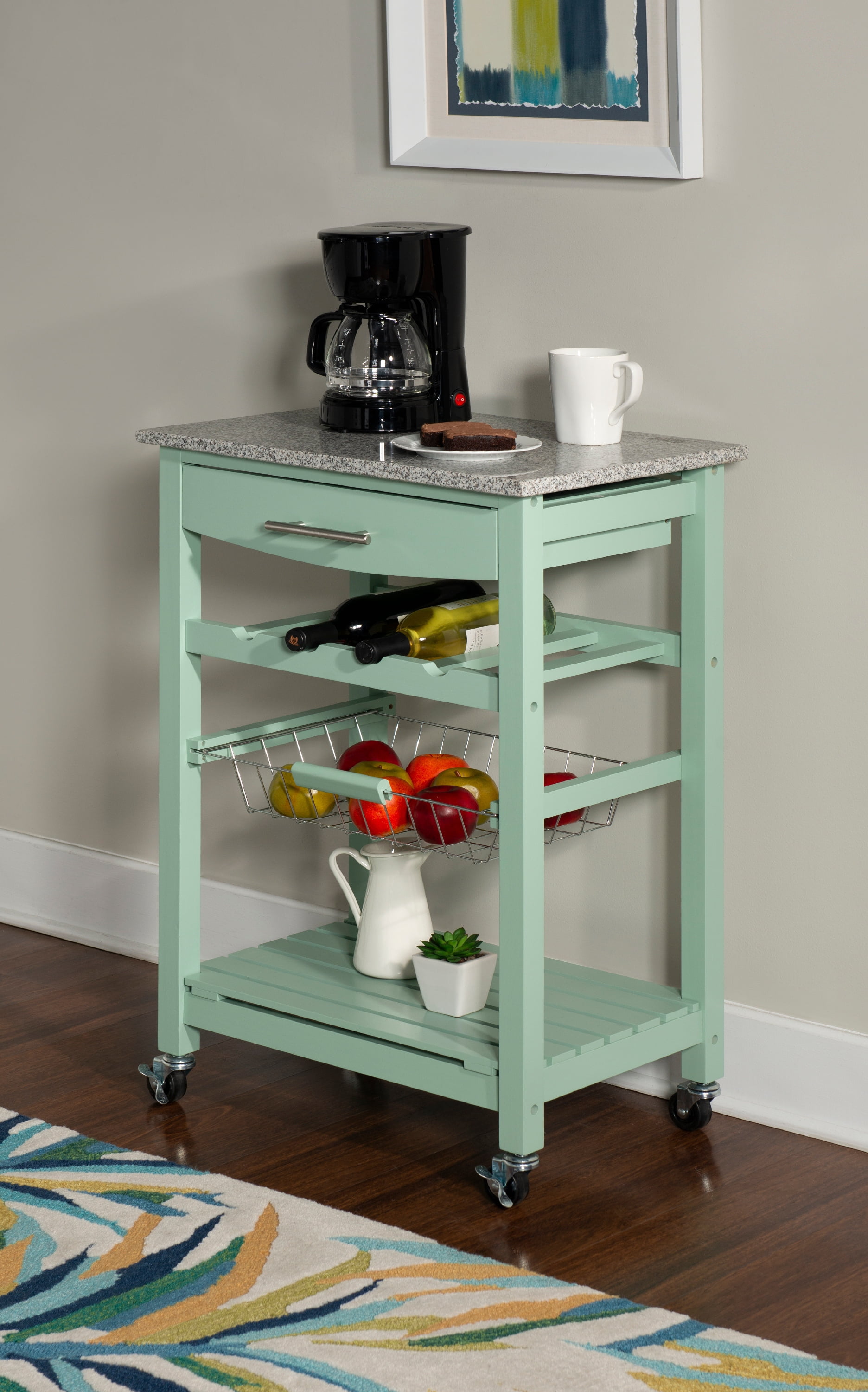 Linon Neyrey Mobile Kitchen Island with Speckled Granite Top, Green