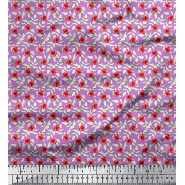 Soimoi polyester Crepe Fabric Leaves & Poppy Floral Printed Fabric 1 Yard 42 Inch Wide